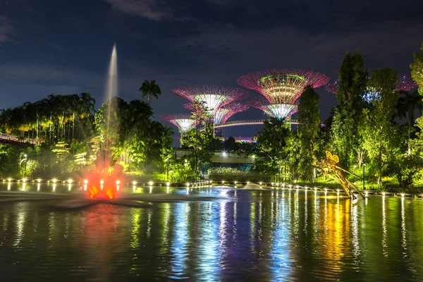 Singapur - 23 Haziran 2018: Supertree Grove Gardens Körfez Marina Bay Sands hotel yaz geceleri yakınındaki Singapur'da