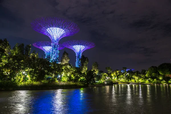 Singapur - 23 Haziran 2018: Supertree Grove Gardens Körfez Marina Bay Sands hotel yaz geceleri yakınındaki Singapur'da