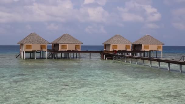 Water Villas Bungalows Και Ξύλινη Γέφυρα Στην Τροπική Παραλία Στις — Αρχείο Βίντεο