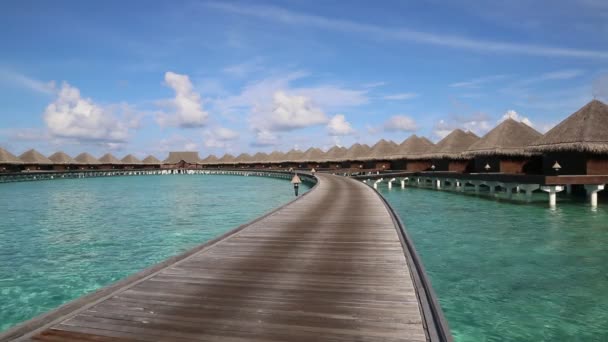 夏季马尔代夫热带海滩的水上别墅 和木桥 — 图库视频影像