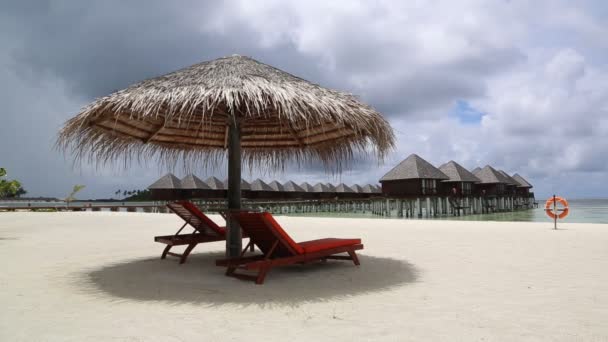 Tumbonas Sombrillas Madera Playa Tropical Las Maldivas Día Verano — Vídeo de stock