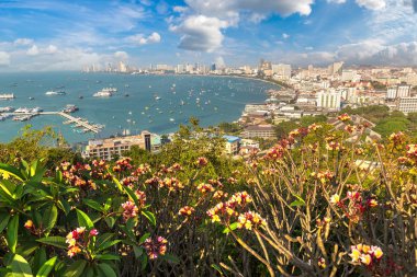 Pattaya Körfezi, Tayland 'da yaz günü panoramik hava manzarası