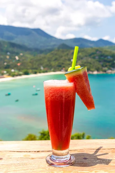 Fresh organic Watermelon shake in restaurant on Ao Thong Nai Pan Noi beach on Koh Phangan island, Thailand in a summer day