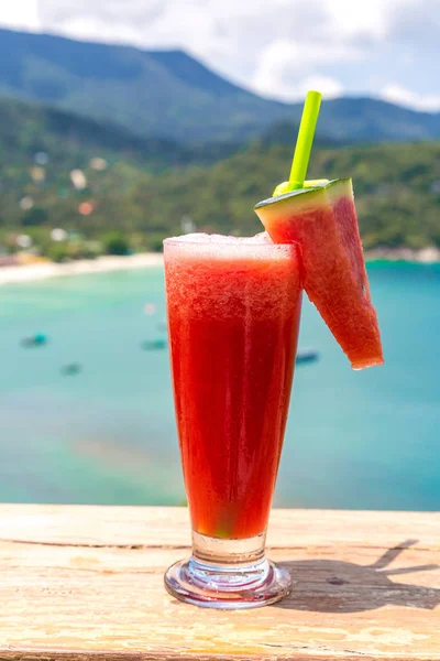 Fresh organic Watermelon shake in restaurant on Ao Thong Nai Pan Noi beach on Koh Phangan island, Thailand in a summer day