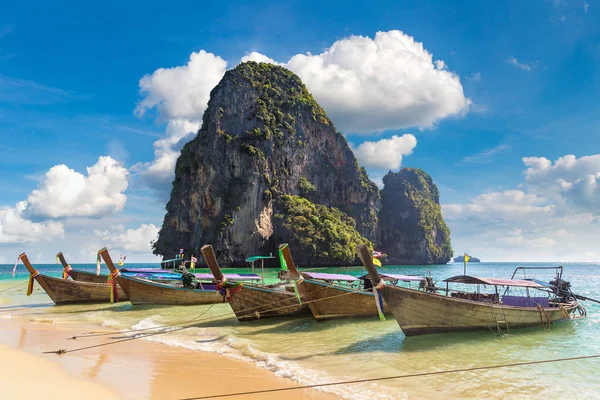 Traditional long tail boat on Ao Phra Nang Beach, Krabi, Thailand in a summer day