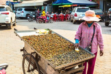 Siem Reap, Kamboçya - 11 Haziran 2018: bir yaz günü lokanta sokak Siem Reap, Kamboçya üzerinde satan kadın