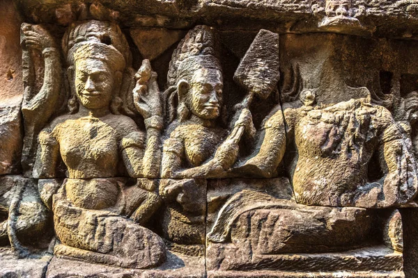 Sculptuur Muur Terras Van Olifanten Tempel Khmer Tempel Complexe Angkor — Stockfoto