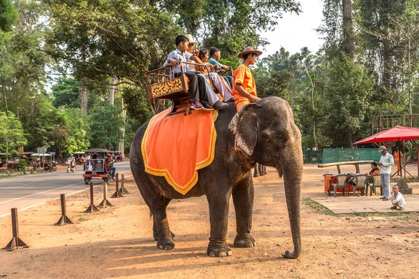 Angkor Wat Cambodia March 2018 Tourists Ride Elephant Area Angkor — Stock Photo, Image