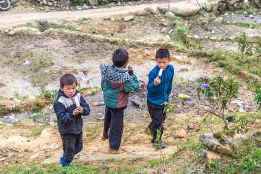 Sapa, Vietnam - 19 Haziran 2018: Bir yaz günü Vietnam'da Sapa, Lao Cai, etnik azınlık çocuklarda