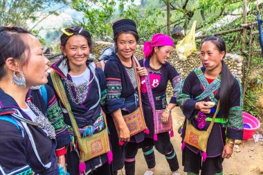 Sapa, Vietnam - 19 Haziran 2018: bir yaz günü Terraced pirinç alan Sapa, Lao Cai, Vietnam, geleneksel giysiler giyen kadın