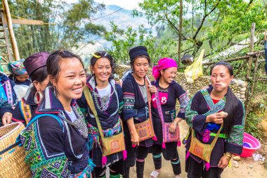 Sapa, Vietnam - 19 Haziran 2018: bir yaz günü Terraced pirinç alan Sapa, Lao Cai, Vietnam, geleneksel giysiler giyen kadın