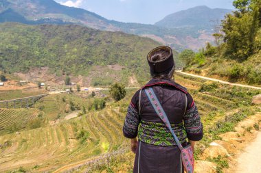 Bir yaz günü Terraced pirinç alan Sapa, Lao Cai, Vietnam, geleneksel giysiler giyen kadın