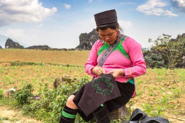 Sapa, Vietnam - 19 Haziran 2018: bir yaz günü Terraced pirinç alan Sapa, Lao Cai, Vietnam, geleneksel giysiler giyen kadın