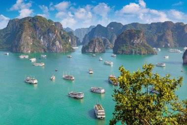 Bir yaz günü Vietnam'da Halong Körfezi panoramik havadan görünümü