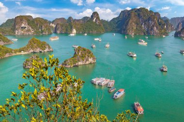 Bir yaz günü Vietnam'da Halong Körfezi panoramik havadan görünümü