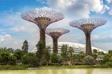 Singapur - 23 Haziran 2018: Supertree Grove Gardens koy ve Marina Bay Sands hotel yaz günü adlı yakınlarında Singapur serada tarafından