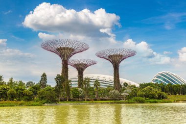 Singapur - 23 Haziran 2018: Supertree Grove Gardens koy ve Marina Bay Sands hotel yaz günü adlı yakınlarında Singapur serada tarafından