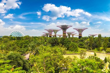Singapur - 23 Haziran 2018: Supertree Grove Gardens koy ve Marina Bay Sands hotel yaz günü adlı yakınlarında Singapur serada tarafından
