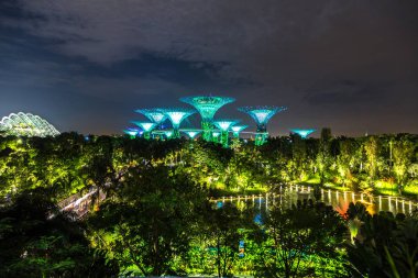 Singapur - 23 Haziran 2018: Supertree Grove Gardens Körfez Marina Bay Sands hotel yaz geceleri yakınındaki Singapur'da