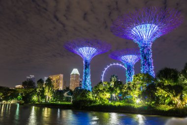 Singapur - 23 Haziran 2018: Singapore Flyer - dünya ve Marina Bay Sands hotel yaz geceleri yakınlarında Singapur koyda bahçelerle en büyük dönme dolap
