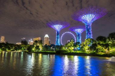 Singapur - 23 Haziran 2018: Singapore Flyer - dünya ve Marina Bay Sands hotel yaz geceleri yakınlarında Singapur koyda bahçelerle en büyük dönme dolap