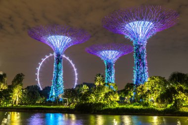 Singapur - 23 Haziran 2018: Singapore Flyer - dünya ve Marina Bay Sands hotel yaz geceleri yakınlarında Singapur koyda bahçelerle en büyük dönme dolap