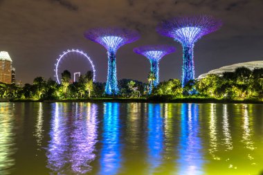Singapur - 23 Haziran 2018: Singapore Flyer - dünya ve Marina Bay Sands hotel yaz geceleri yakınlarında Singapur koyda bahçelerle en büyük dönme dolap