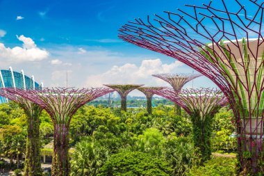 Singapur - 23 Haziran 2018: Supertree Grove Gardens koy ve Marina Bay Sands hotel yaz günü adlı yakınlarında Singapur serada tarafından