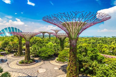 Singapur - 23 Haziran 2018: Supertree Grove Gardens koy ve Marina Bay Sands hotel yaz günü adlı yakınlarında Singapur serada tarafından