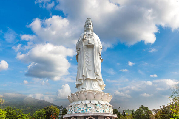 White Buddha statue (Lady Buddha) at Linh Ung Pagoda, Danang, Vietnam in a summer day