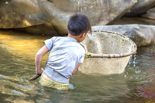 Boy Fishing River Sapa Lao Cai Vietnam Summer Day — Stock Photo, Image