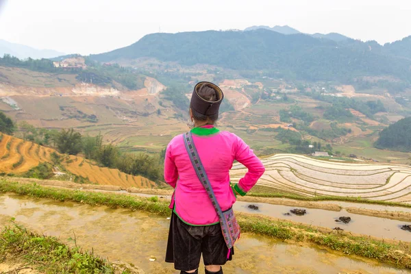 Bir yaz günü Terraced pirinç alan Sapa, Lao Cai, Vietnam, geleneksel giysiler giyen kadın