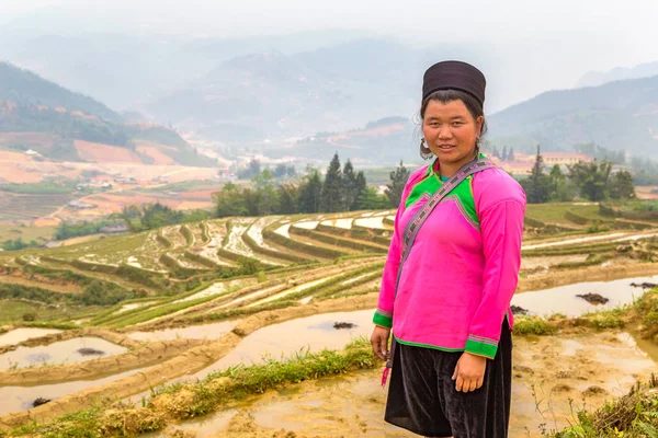 Sapa, Vietnam - 19 Haziran 2018: bir yaz günü Terraced pirinç alan Sapa, Lao Cai, Vietnam, geleneksel giysiler giyen kadın