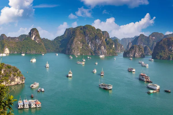 Bir yaz günü Vietnam'da Halong Körfezi panoramik havadan görünümü