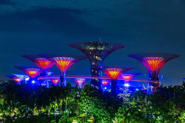 新加坡 2018年6月23日 位于新加坡湾花园的 Supertree 格罗夫夏日夜滨海湾金沙酒店附近 — 图库照片