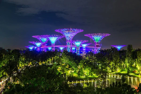 Singapur - 23 Haziran 2018: Supertree Grove Gardens Körfez Marina Bay Sands hotel yaz geceleri yakınındaki Singapur'da