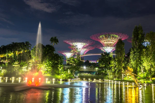 Singapur - 23 Haziran 2018: Supertree Grove Gardens Körfez Marina Bay Sands hotel yaz geceleri yakınındaki Singapur'da