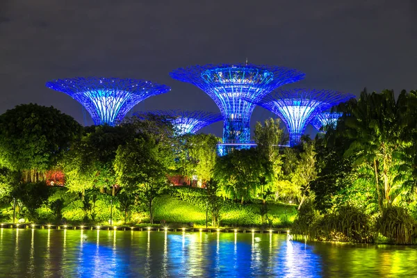Singapur - 23 Haziran 2018: Supertree Grove Gardens Körfez Marina Bay Sands hotel yaz geceleri yakınındaki Singapur'da