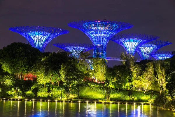 Singapur - 23 Haziran 2018: Supertree Grove Gardens Körfez Marina Bay Sands hotel yaz geceleri yakınındaki Singapur'da