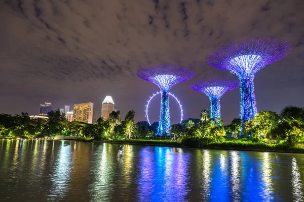 Singapur - 23 Haziran 2018: Singapore Flyer - dünya ve Marina Bay Sands hotel yaz geceleri yakınlarında Singapur koyda bahçelerle en büyük dönme dolap