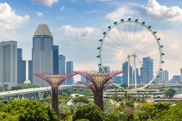 Singapur - 23 Haziran 2018: Singapore Flyer - dünya ve Marina Bay Sands hotel yaz günü adlı yakınlarında Singapur koyda bahçelerle en büyük dönme dolap