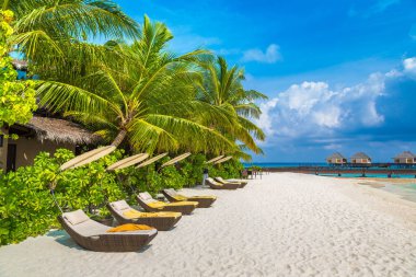 Maldivler - 24 Haziran 2018: Tropikal plaj yaz günü, Maldivler ahşap şezlong
