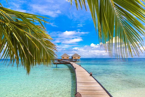 Malediven Juni 2018 Wasservillen Bungalows Und Holzbrücke Tropischen Strand Der — Stockfoto