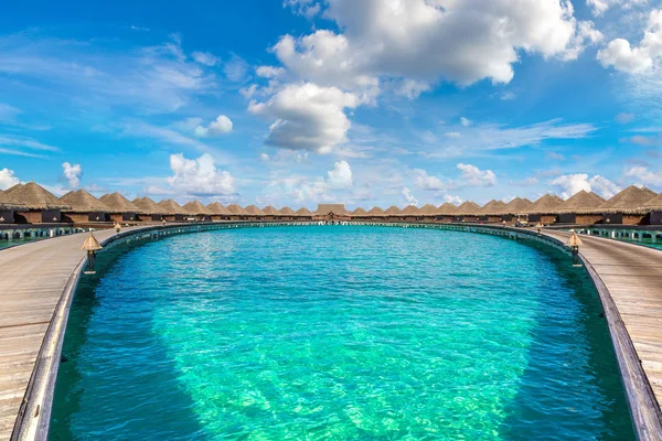 Maldives June 2018 Water Villas Bungalows Wooden Bridge Tropical Beach — Stock Photo, Image