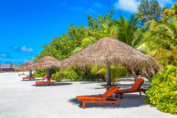 Maldivler - 24 Haziran 2018: Ahşap şezlong ve şemsiye yaz günü, Maldivler tropik sahilde