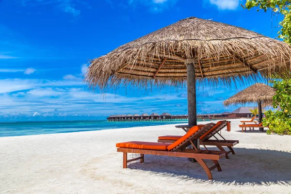 Maldives Junho 2018 Cama Sol Guarda Chuva Madeira Praia Tropical — Fotografia de Stock