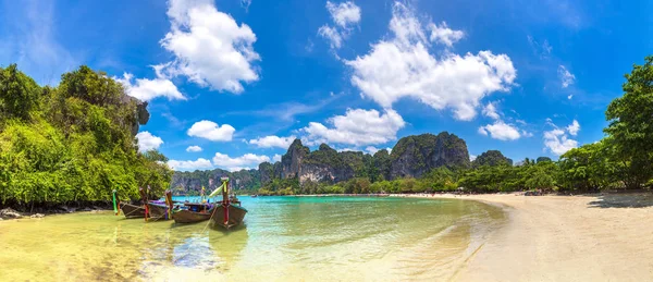 Panorama Traditional Long Tail Boat Railay Beach Krabi Thailand Summer — Stock Photo, Image