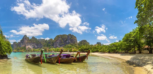 Panorama Traditional Long Tail Boat Railay Beach Krabi Thailand Summer — Stock Photo, Image