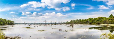 Siem Reap, Kamboçya'da bir yaz günü karmaşık Angkor Wat bataklıkta Panoraması