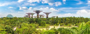 Singapur - 23 Haziran 2018: Supertree Grove Marina Bay Sands hotel yaz günü adlı yakınlarında Singapur koyda bahçelerle adlı Panoraması